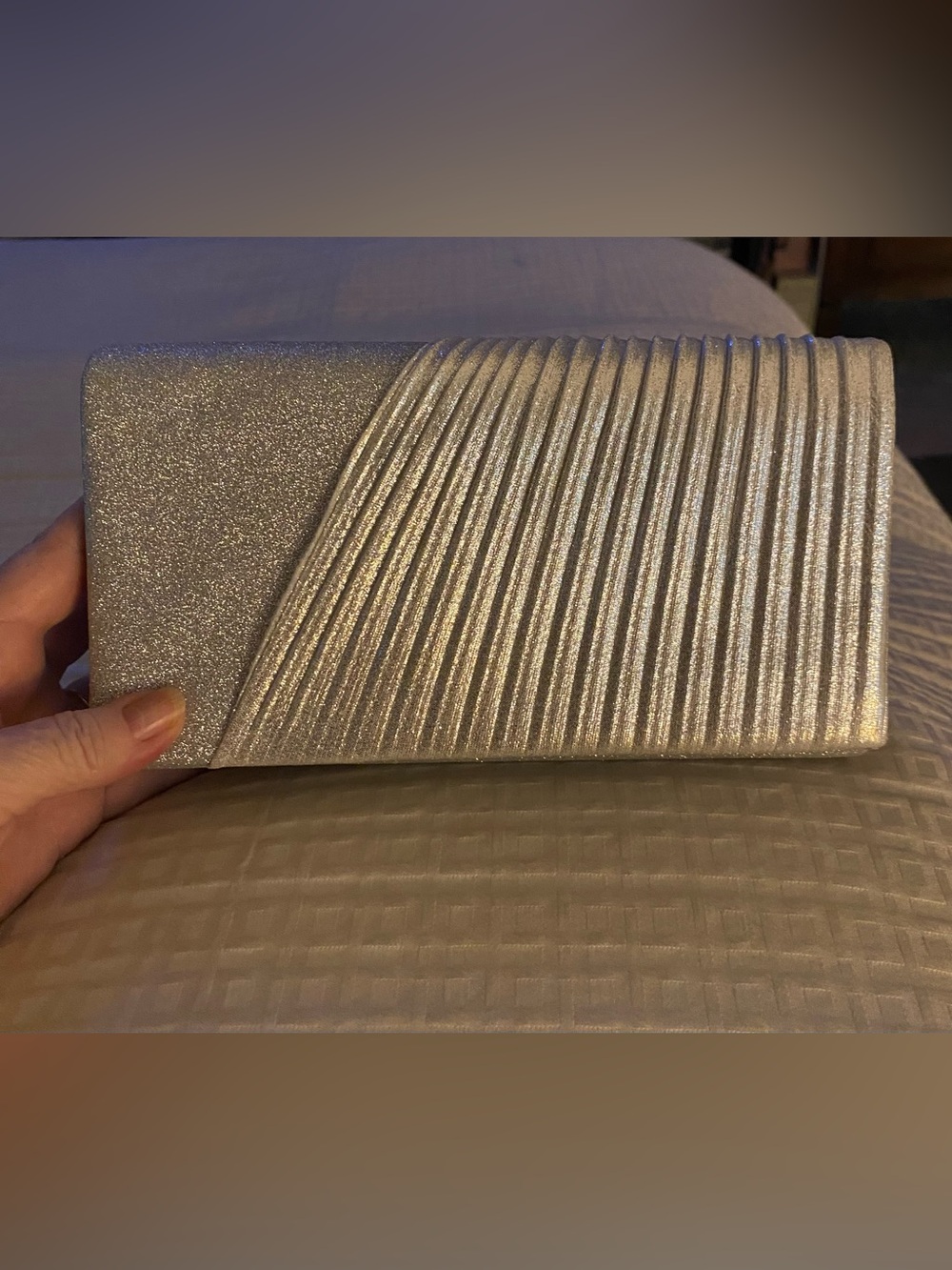 Metallic Pleated Silver Evening Clutch - Shimmer Finish